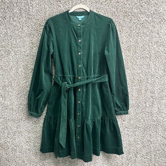 Draper James Dress Women’s M Green Corduroy Long Sleeve Ruffled Fit & Flare - Picture 2 of 8